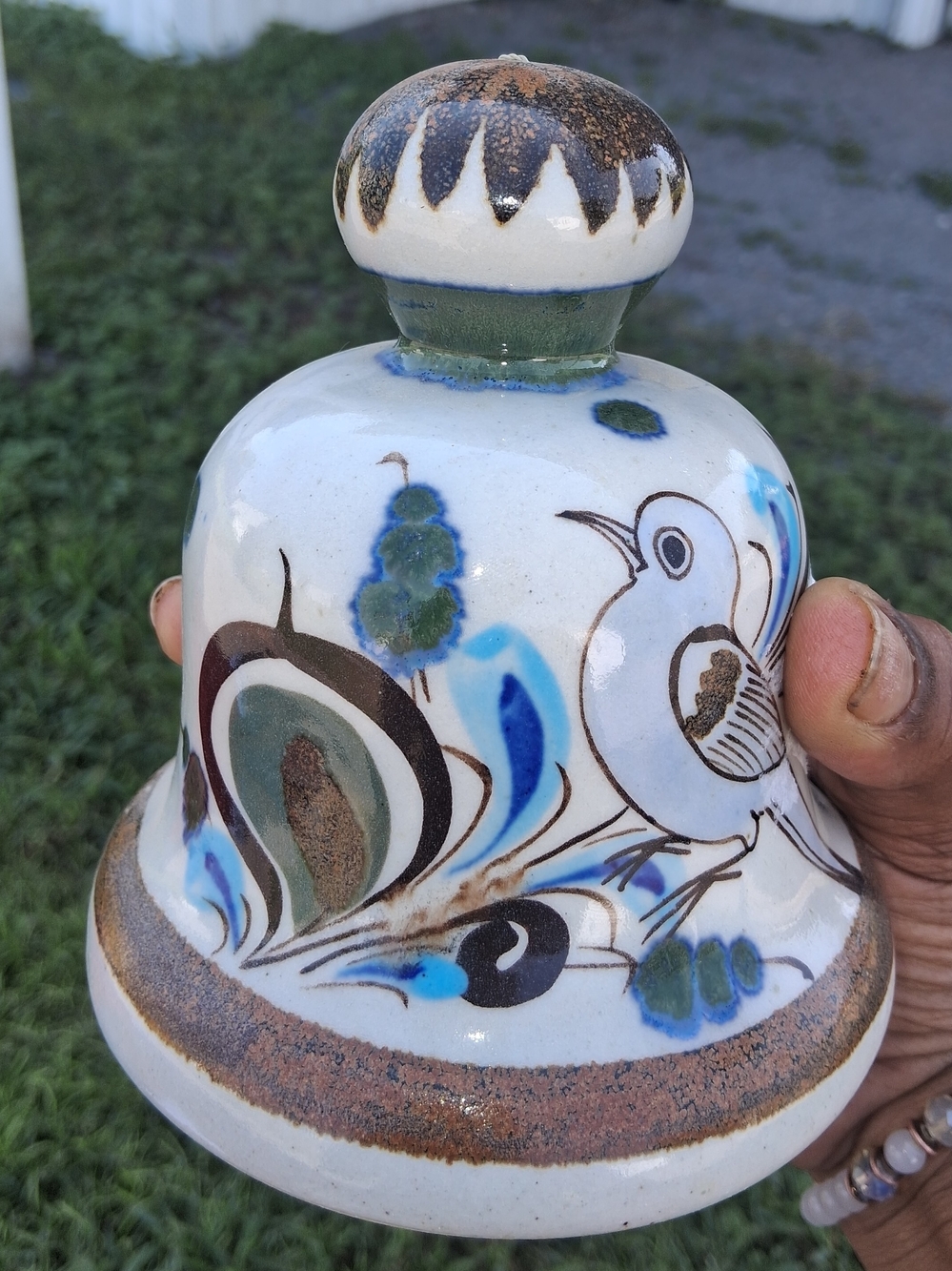 Ceramic Bird Bell in White and Blue - Decorative Pet Bird Accessory